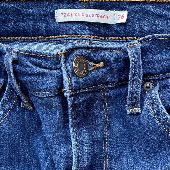 Levi’s 724 High Rise Straight Raw Hem Medium Wash Denim Blue Jeans Sz 26 Stretch - Picture 6 of 7